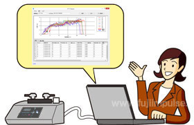 PTT-100とパソコンをUSBケーブルで接続しデータを転送、測定データ管理ソフトを使用し、データの維持・管理を行うことを解説するイメージイラスト